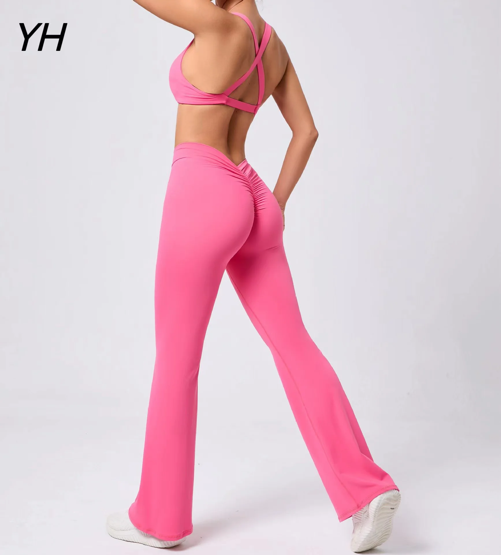 2 Pieces Yoga Set Women Stretchable Running Sports Fitness Suit Cross back bra & Back V Waist Flared Leggings Gym Sportwear