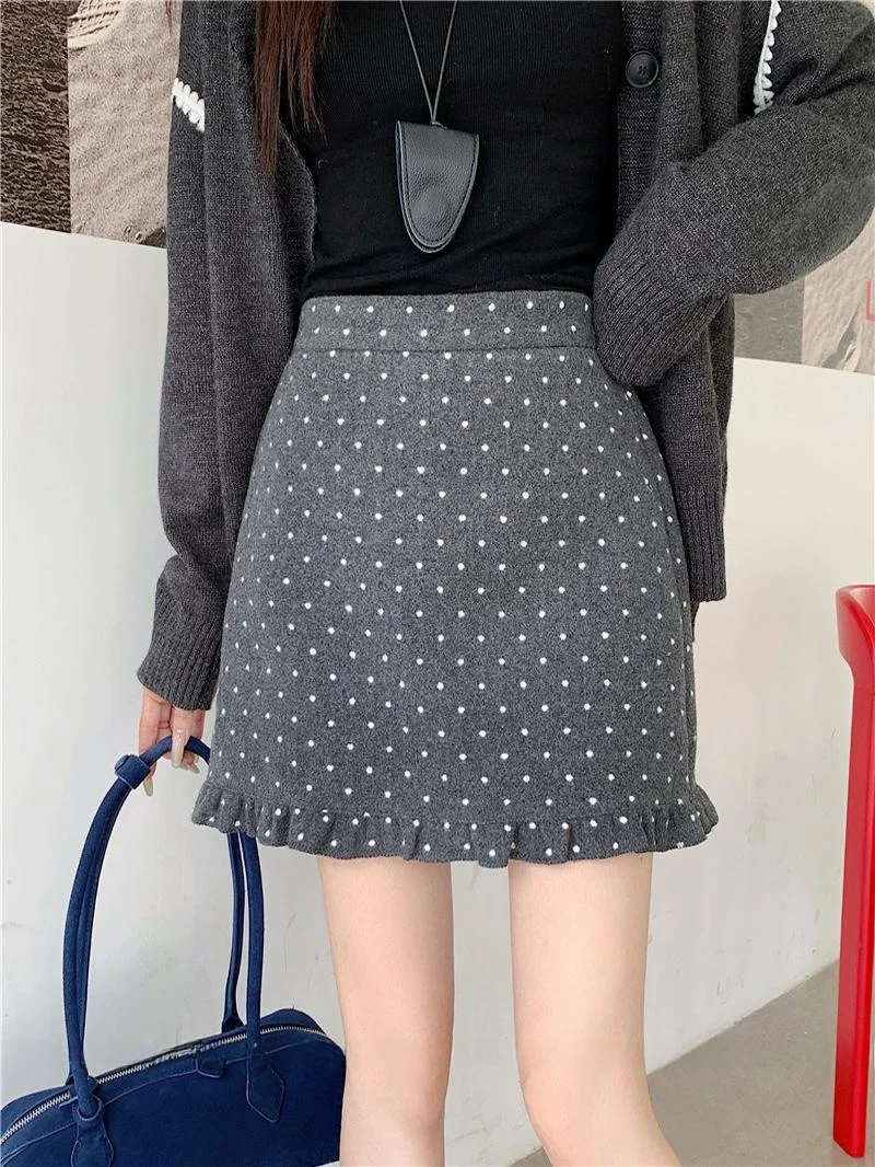 

plus Size Retro Polka Dot Woolen A-Line Skirt High Waist Slimming Versatile Wooden Short Skirt for plus Size Women