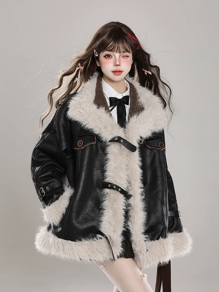 

Women's Winter Thiened Padded Fur Leather Jaet Loose Fit American Sle Premium Feel Cotton Coat Long Sve Zipper Closure