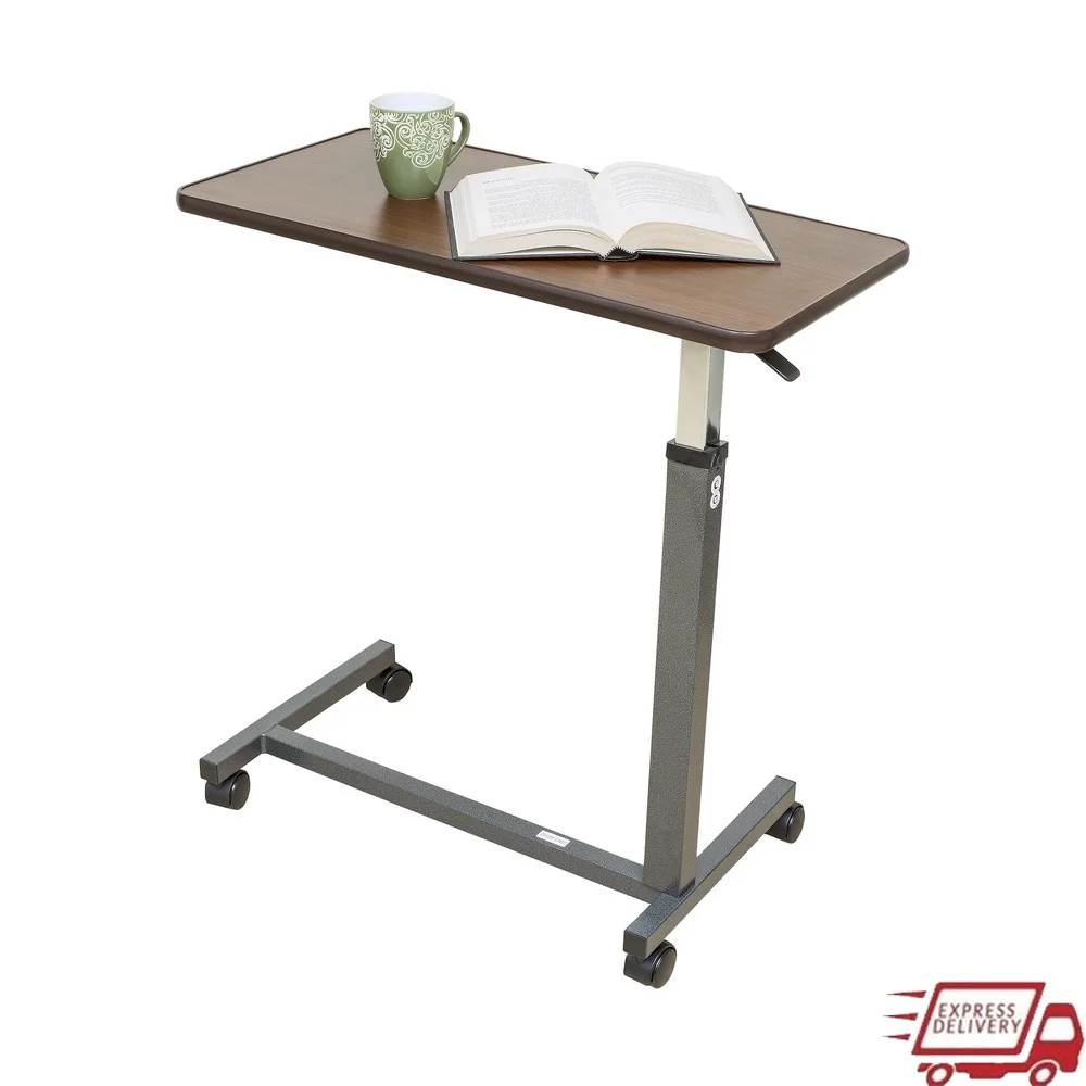 

Height Adjustable Overbed Table with Woodgrain Top Easy Assembly Locking Wheels Bedside Use 15x31 Inch Stain Resistant