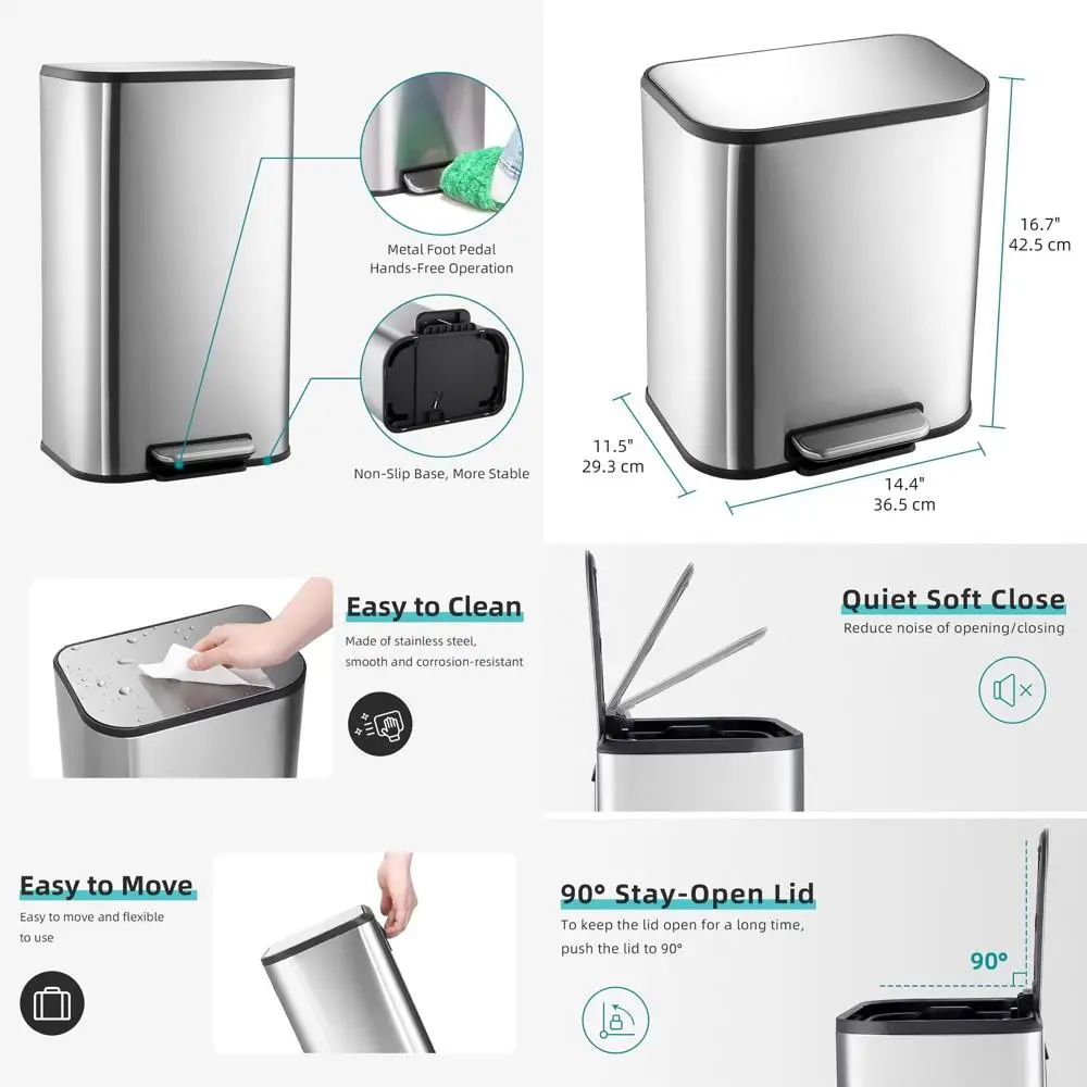 

20L Rectangular Stainless Steel Trash Can with Soft-Close Lid and Inner Bucket for Kitchen, Office, and Living Room