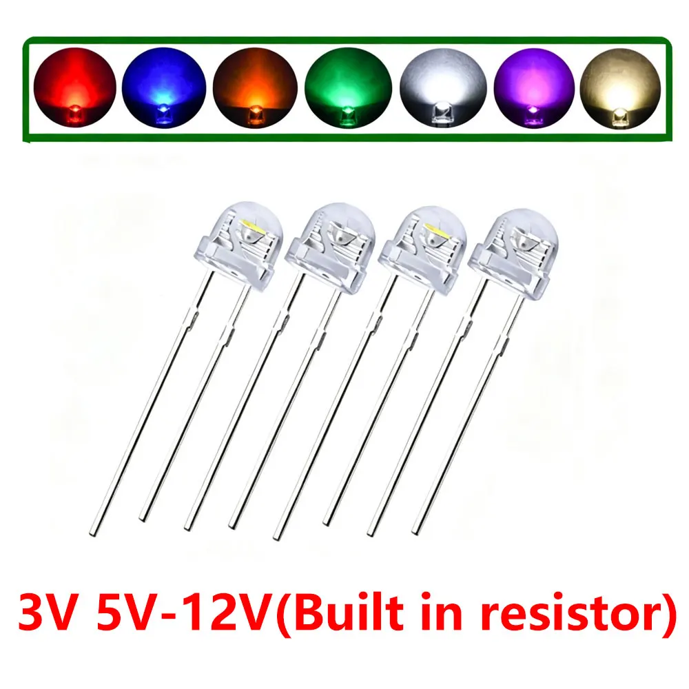 50pcs Built in resistor F5 3V 5V 12V Super Bright Straw Hat LED 5mm Light Emitting Diodes ice Blue Green Red Yellow warm White