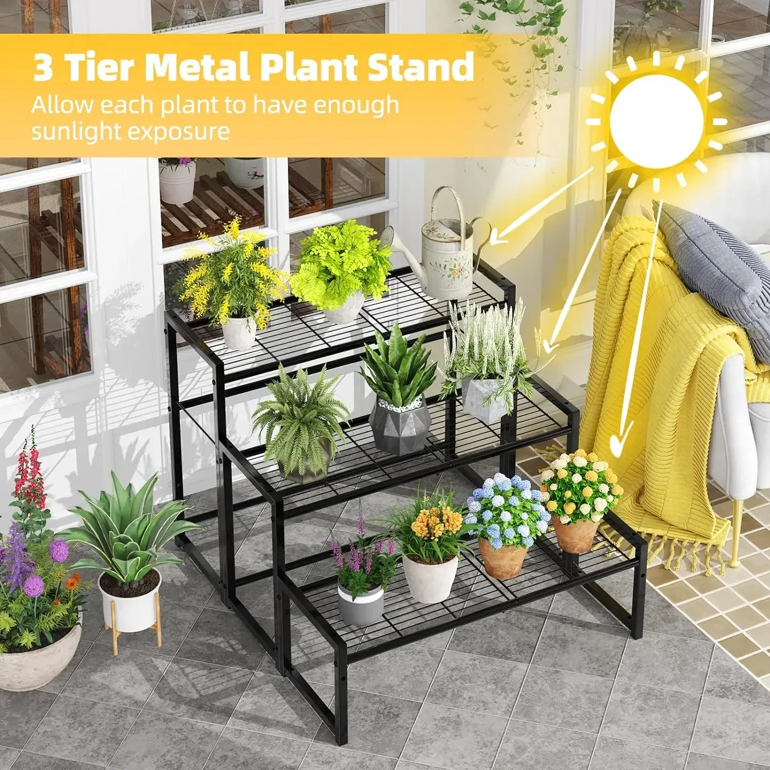 Simple Trending 3 Tier Metal Plant Stand Outdoor Indoor Waterproof, Stackable Heavy Duty Tall Plant Shelf Flower Pot Holder