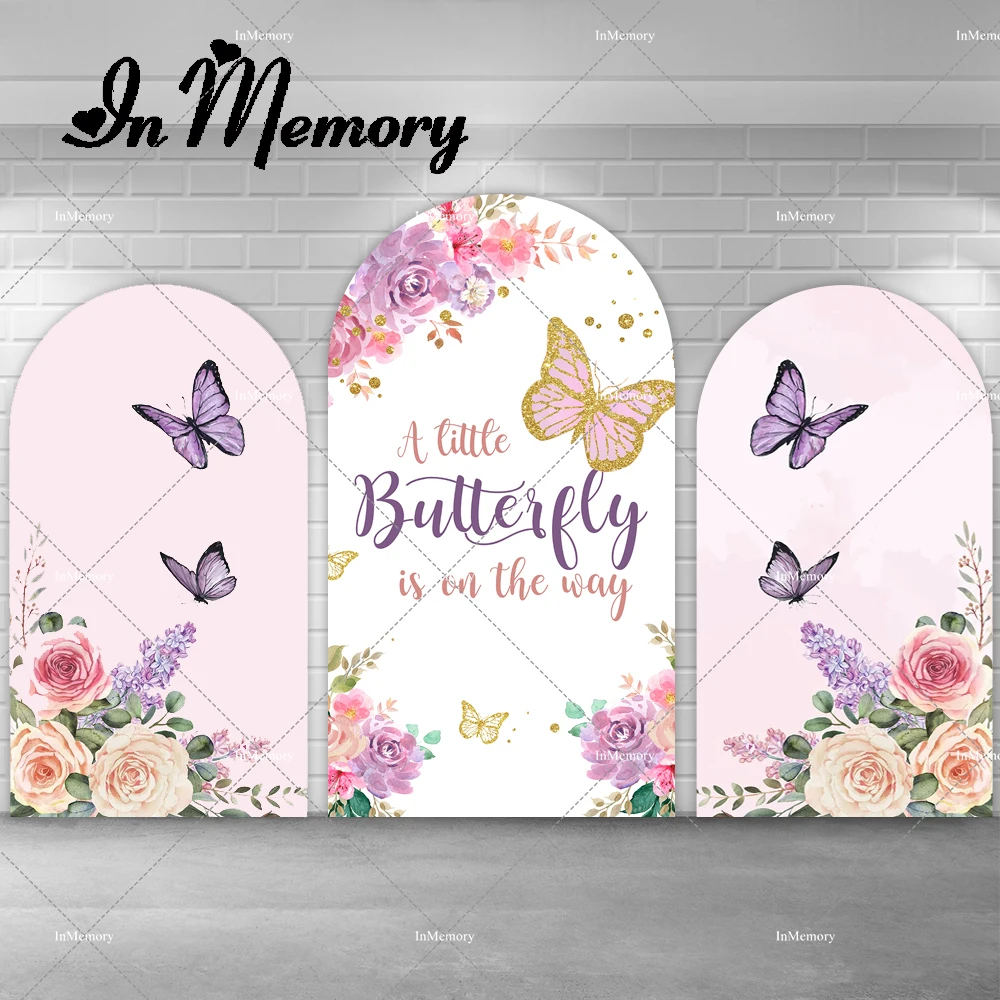 Pink Flowers Butterfly Baby Shower Chiara Arch Backdrop Cover for Girls Newborn Fairy Birthday Party Photography Backgrounds