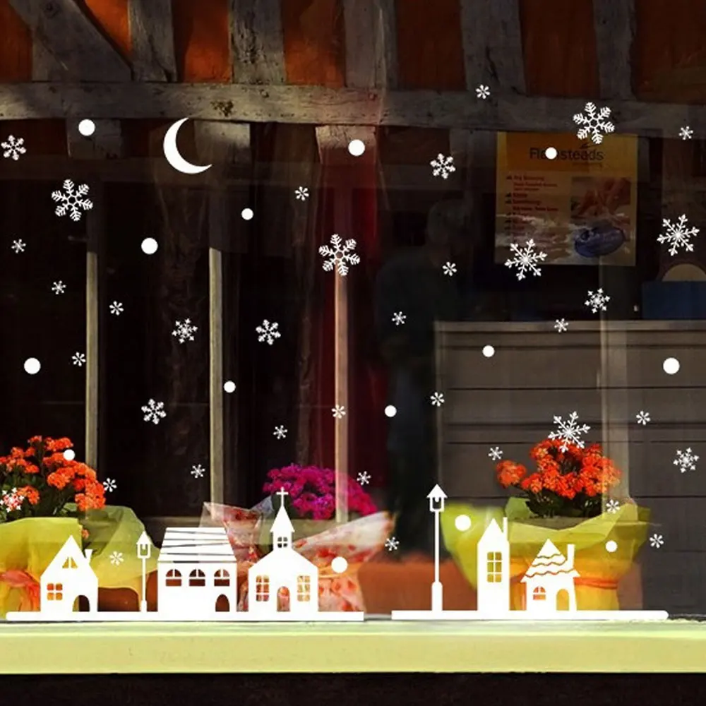 1Pc Snowy Night Village Electrostatic Sticker Window Glass Christmas Wall Stickers Home Decals Decoration New Year Art Wallpaper