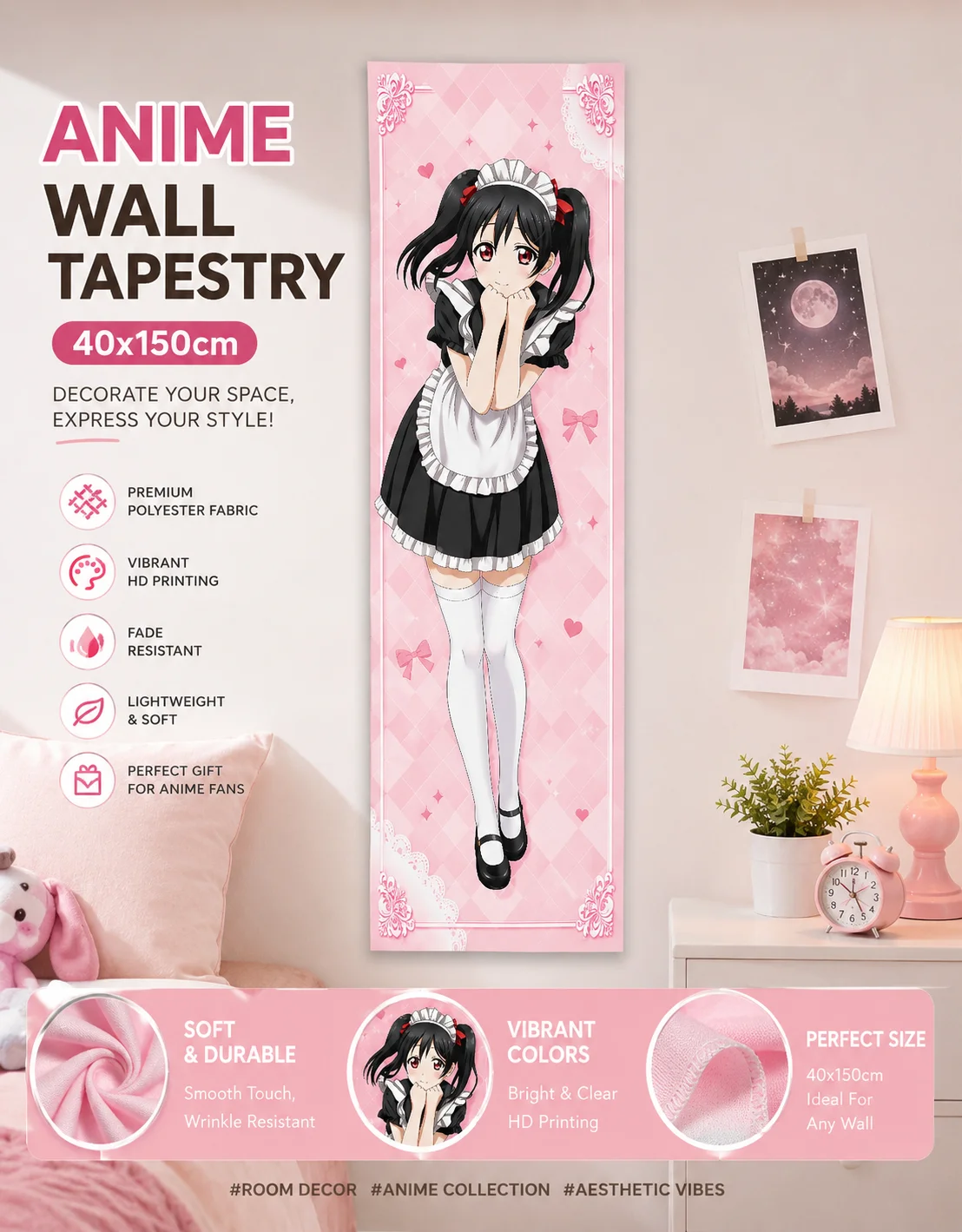 Tapiz Vertical de Nico Yazawa, LoveLive, Traje de Sirvienta, Fondo de Cuadros Rosados con Corazones, Tapiz Largo de Anime para Colgar en la Pared