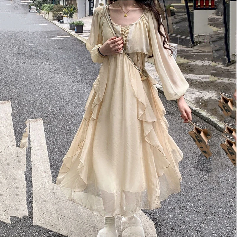 2 pçs sexy cinta de espaguete chiffon estilo fada irregular em camadas vestido para as mulheres verão coreano fino ajuste temperamento vestido elegante
