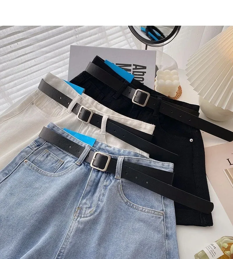 Shorts de mezclilla coreanos de verano de pierna ancha y cintura alta con cinturón para mujer, pantalones cortos de moda con bolsillos, estilo casual de calle, vaqueros.