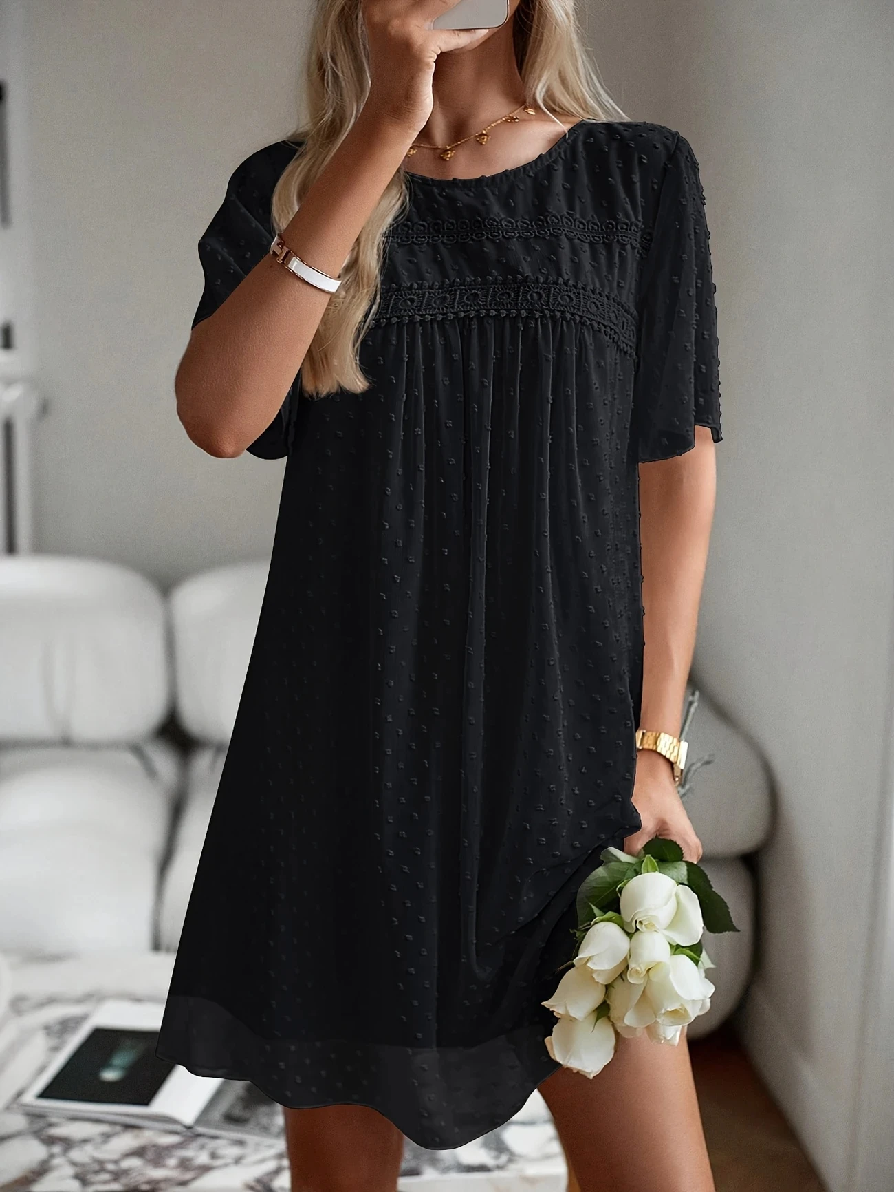 

Women's Casual Loose Dresses Mesh Short Sleeve Mini Summer Dress Swiss Dot Round Neck A-line