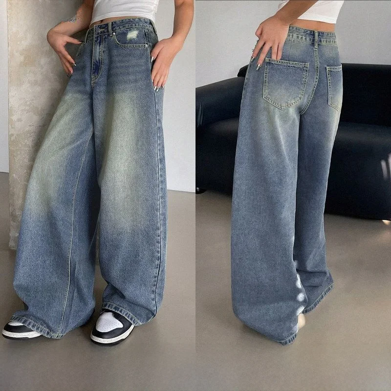 

Casual High Waist Loose Fit Women's Jeans Floor Length Wide Leg Pants Torn Hole Waed Blue Denim Casual Loose Pants