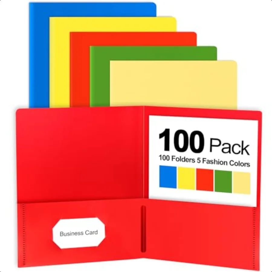 

100 Pack Plastic Folders with Pockets 5 Color Heavy Duty Two Pocket Folder Busin Card Holder for Office High School Busin Resum