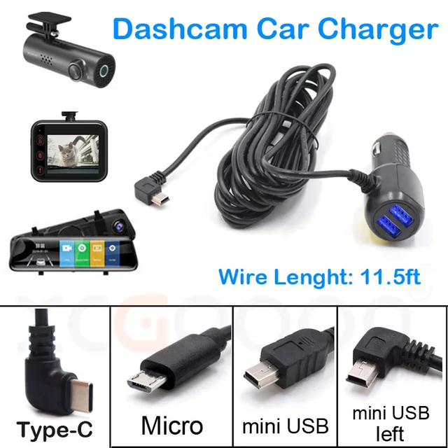 Kabel do ładowania kamery samochodowej DVR Ładowarka samochodowa Mini USB / Micro USB / Type-C USB 11,5 stopy Przewód zasilający 12-24 V do kamery DVR GPS