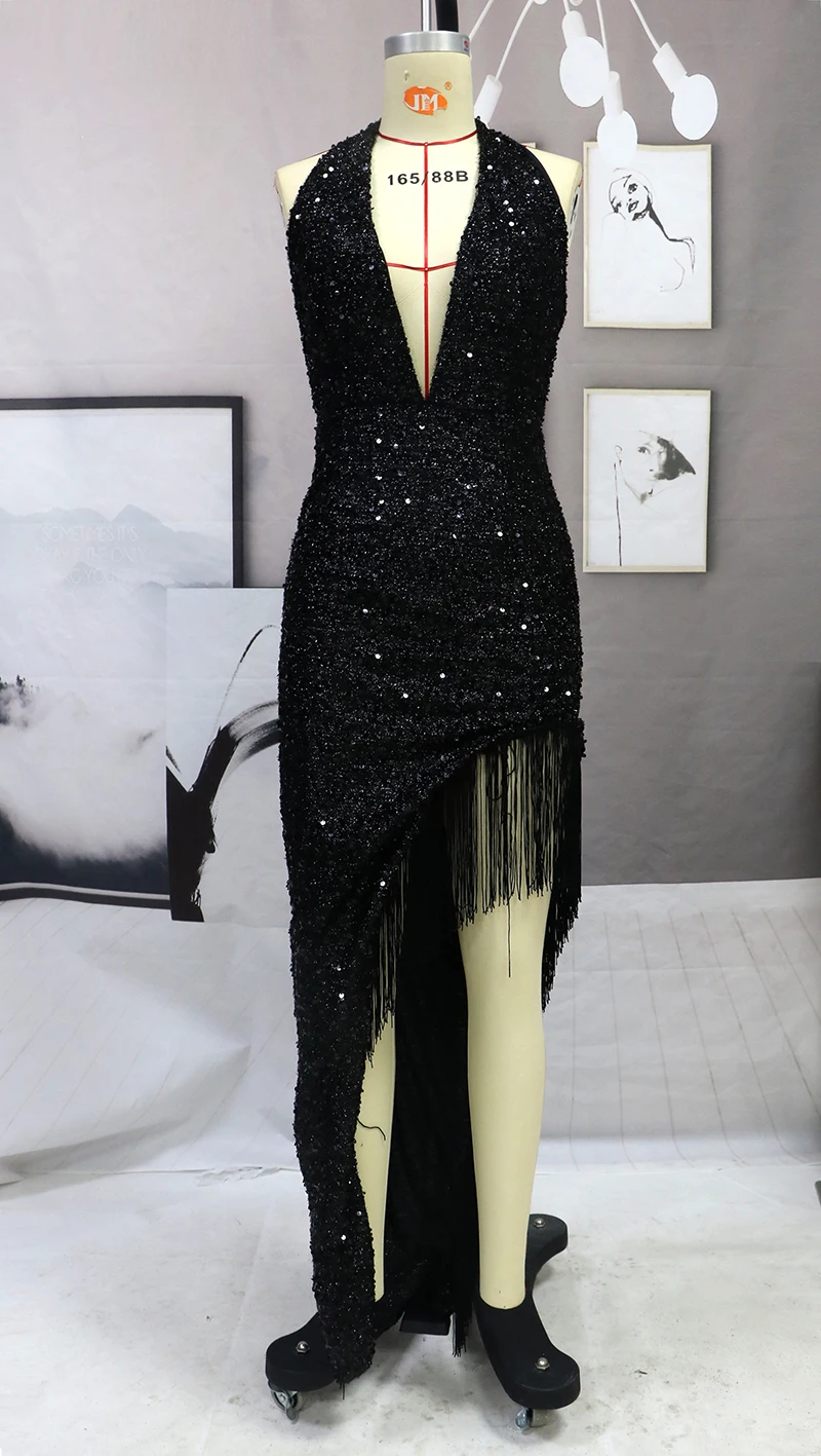 Luxury Black Sequin Women Evening Dress Sexy High Slit Halter Deep V Cocktail Dress Sexy Tassel Backless Vestido Robes De Soirée