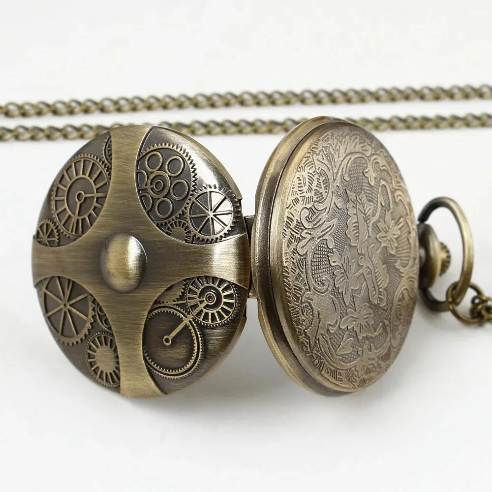 Steampunk ساعات الجيب الكوارتز Relogio فوب الساعات الرجال والعتاد تصميم ساعات الجيب قلادة مع سلسلة قلادة