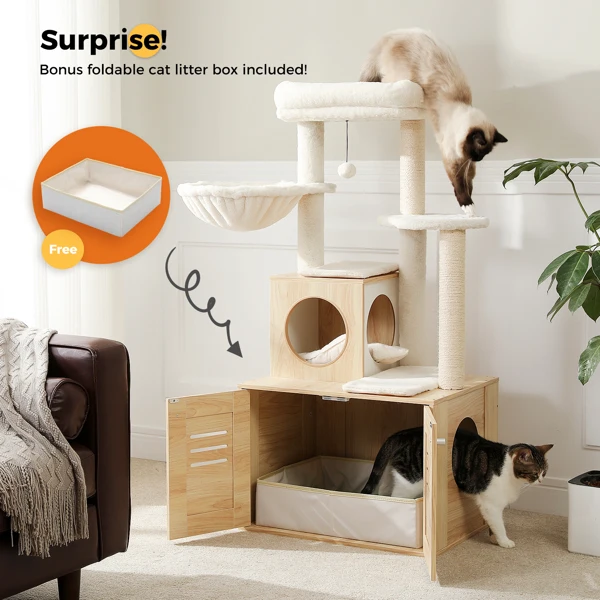 

Cat Tree with Litter Box Enclosure, 50" Modern Cat Tree for Large/Fat Cats Cat Condo, Wooden Cat Furniture with Large Hammock