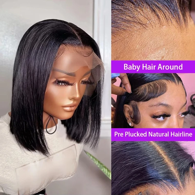 13X4 مستقيم الدانتيل أمامي بوب شعر مستعار البرازيلي باروكة من شعر طبيعي 200% الكثافة 4x4 بوب شعر مستعار الدانتيل الشفاف قبل قطعها مع شعر الطفل #5