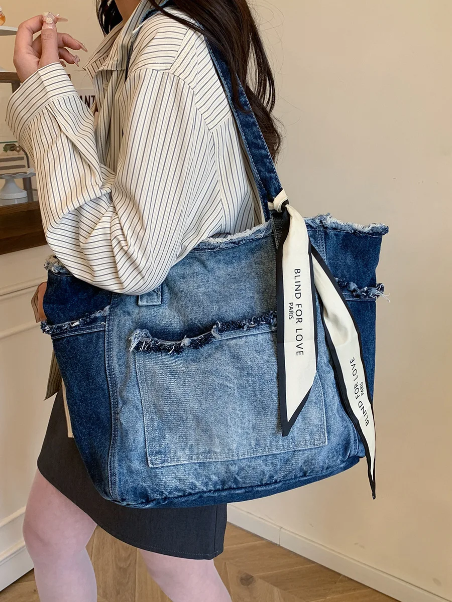 

Upcycled Denim Purse Y2K Style Slouchy Shoulder Bag Patchwork Fringe Jean Tote Handbag Hobo Purse for Women