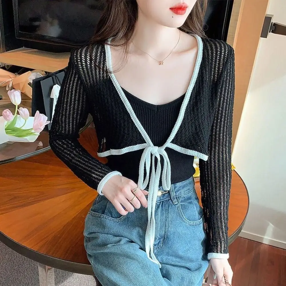 Sunscreen Crop Knit Cardigan Women Solid Color Thin Cardigan Coat Woman Simple Long Sleeve Smock Top Air-Conditioning Shirt