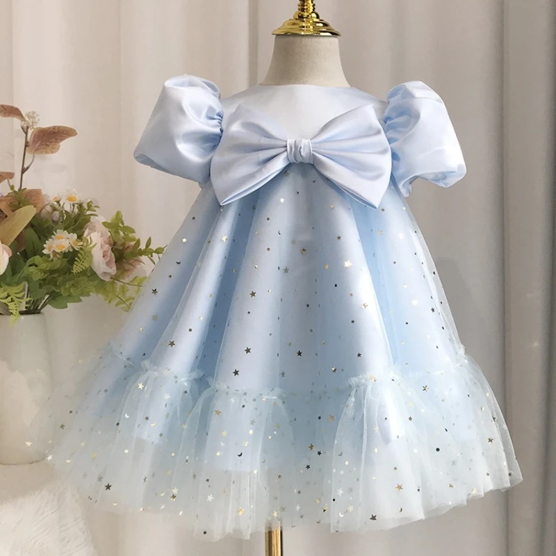 2026 New Baby First Birthday Dress Children Gown Fashion Flower Girl Princess Tutu Dresses Korean Light Blue Puff Sleeve Party