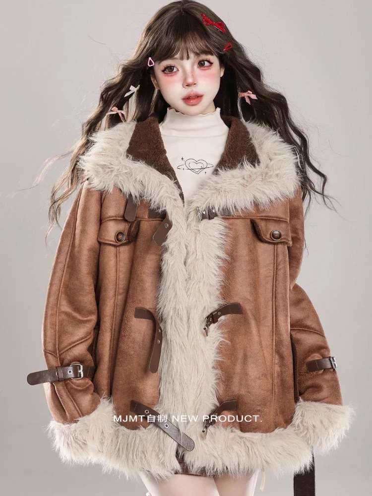 American High-end Retro PU Splicing Lamb Wool Jacket Stand Neck