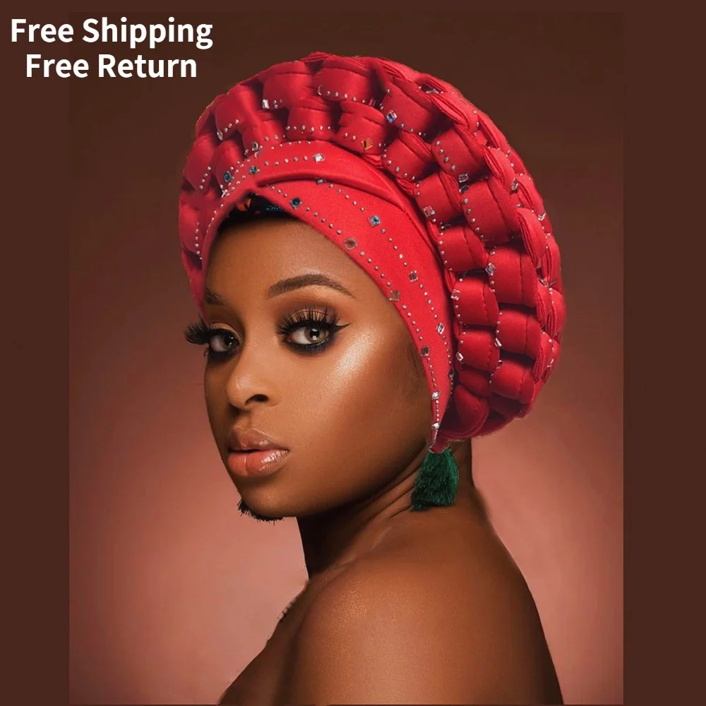 Inlaid with Diamonds African Pattern Pre-Tied Bonnet Turban Knot Cap Headwrap Hat Auto Gele Robe Africaine Aso Oke Ready To Wear