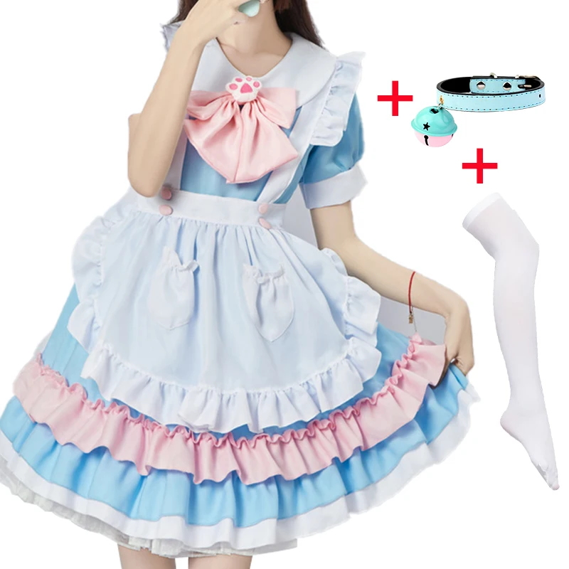 Anime Maid Lolita Dress Cosplay Costume Purple Pink Women Loli Dress Cat Claw Maid Bow Bell Collar and White Stockings