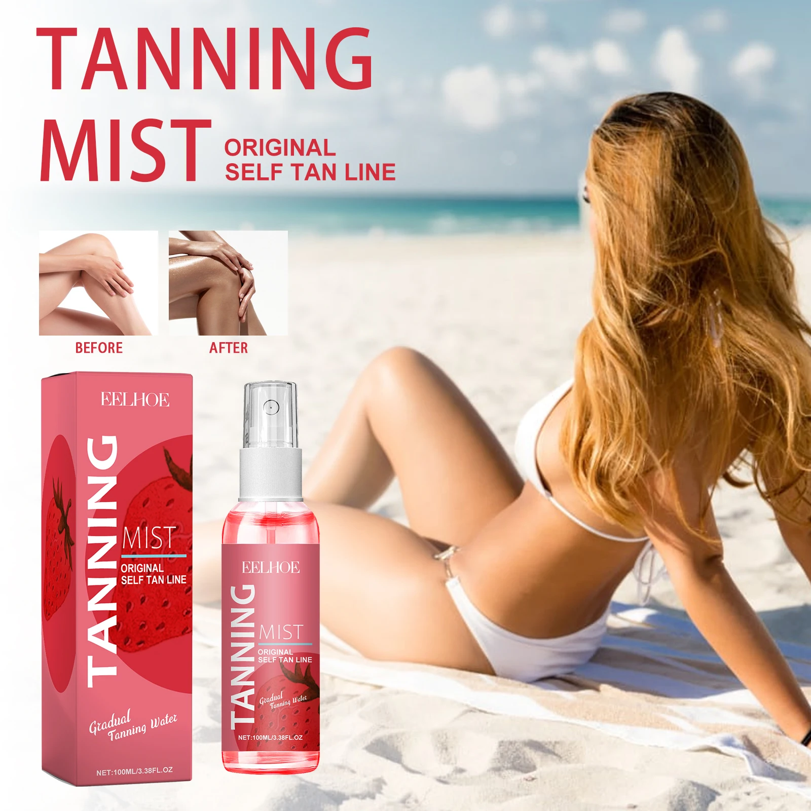 Strawberry Self Tanning Spray Natural Bronzing Sunless Tan Moisturizing Body Darkening Spray With Hyaluronic Acid Panthenol Long-Lasting Tanning Accelerator For Even Dark Skin Care
