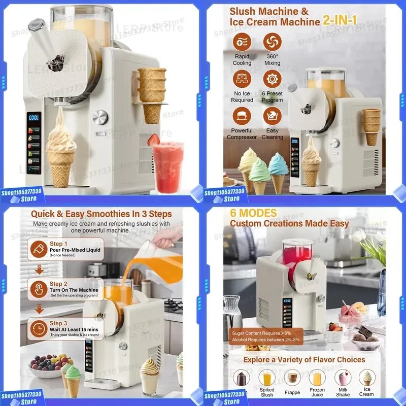 Commercial Slush Machine Ice Cream Maker 6 Modes Smoothie Milkshake Cocktail Margarita Dual Function Frozen Drink Dispenser