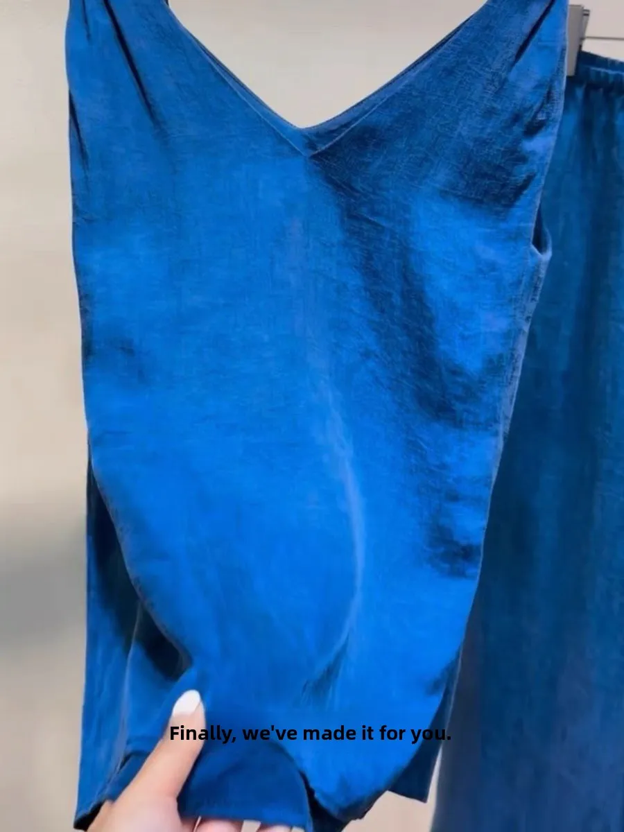 

Blue V-ne Knot Strapl Vest Women's Summer Holiday Faion Sensation Svel Top Korean Sle Straight Cut Silk Material