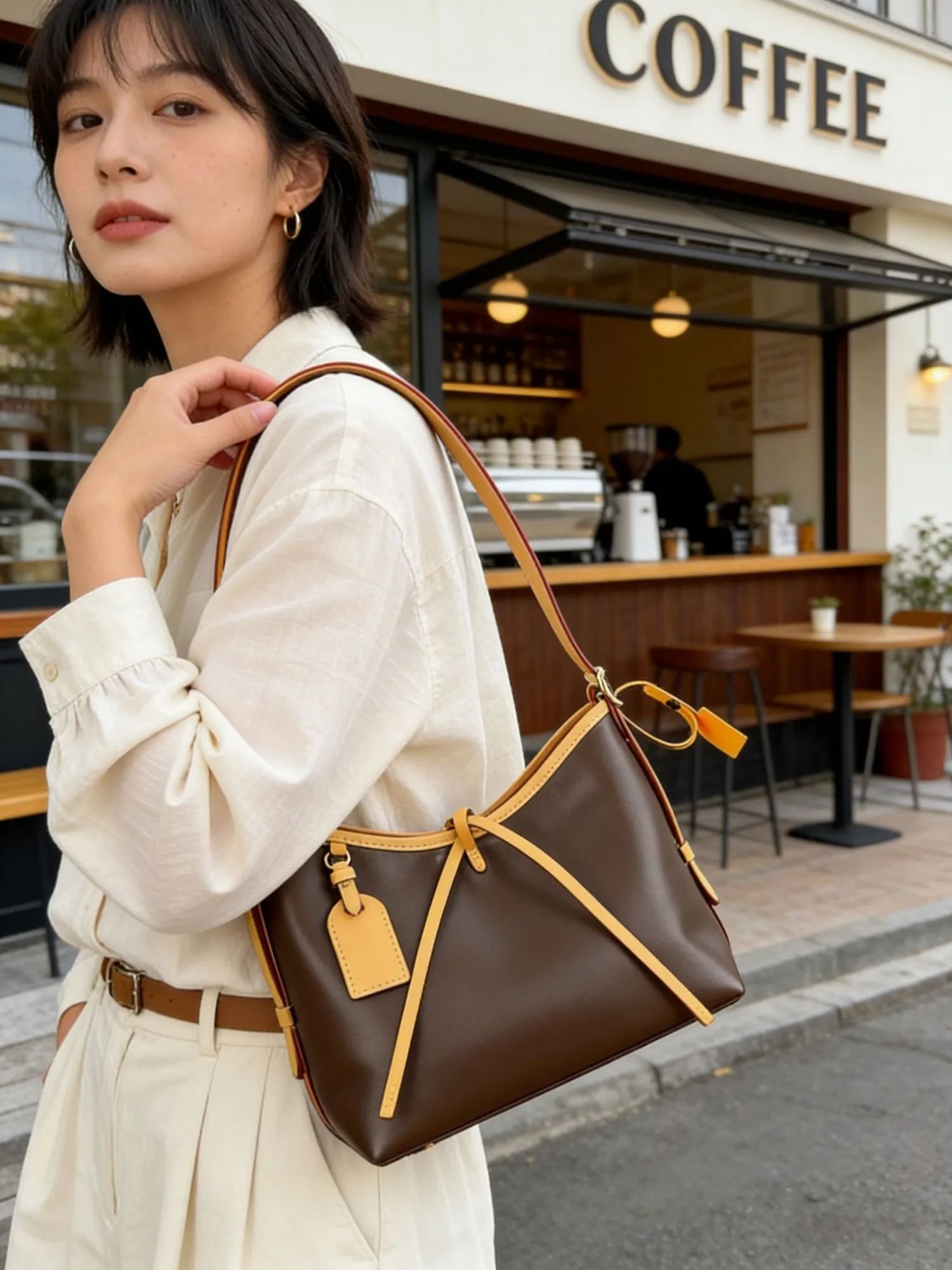 

Statement Brown Gold Triangle Bag Ladies Oversized Faux Leather Shopper with Contrast Trim Fashion Handbag for Work