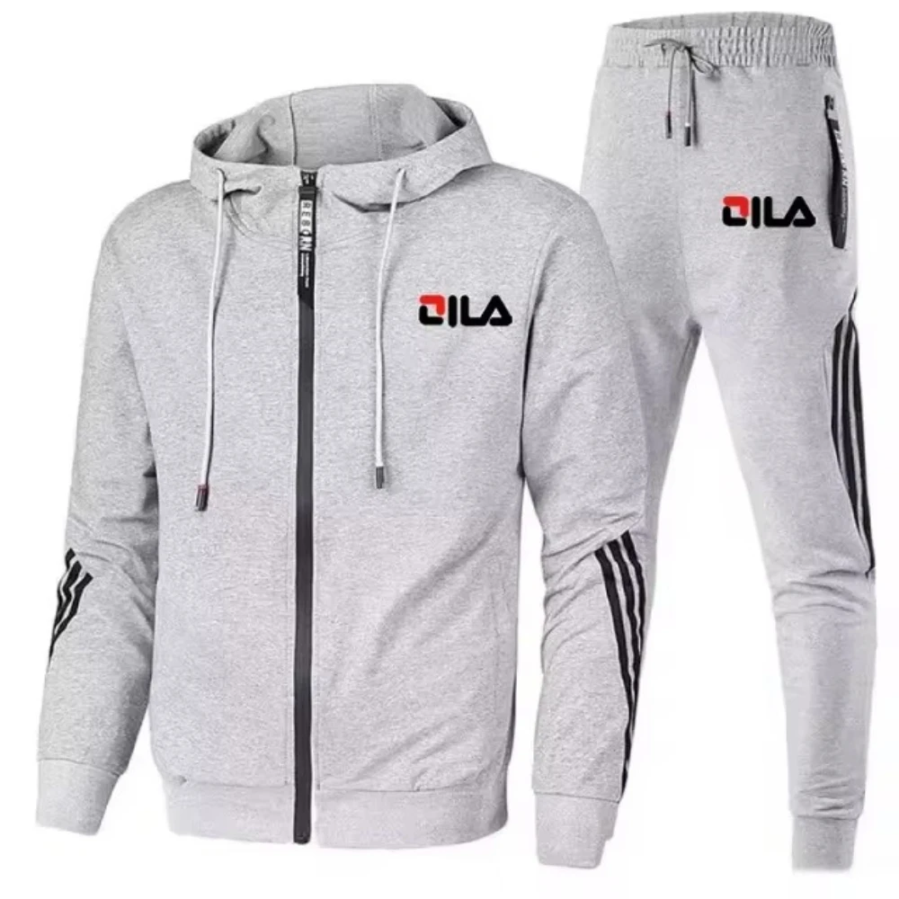 Fashion Tracksuit Men Zipper Cardigan Jacket+Sweatpants Stripe Running Fitness Basketball Suit Autumn New Jogging 2 Piece Set