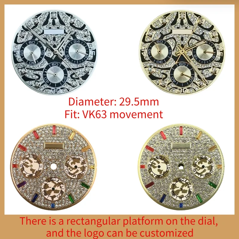 

Embedded diamond dial for quartz watch, VK63, Panda dial, VK63 movement, replacement accessories, suitable for DTN, 39mm case