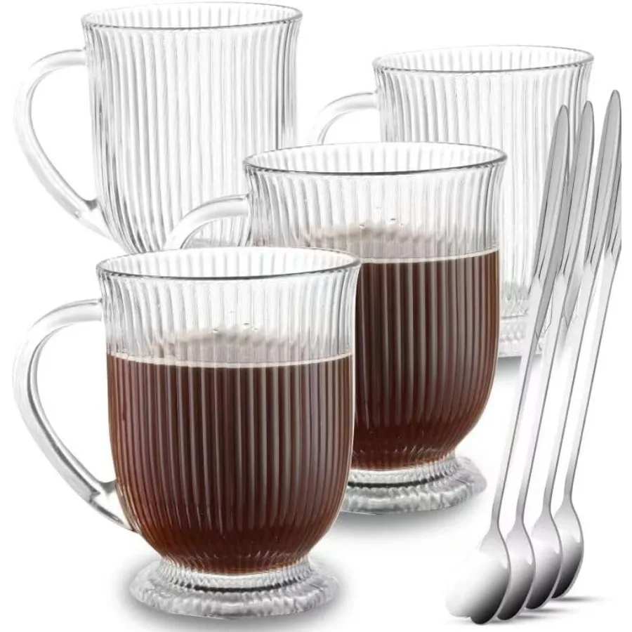 

Набор из 4 ребристых прозрачных стеклянных кофейных кружек с ручкой, 16 унций, большая емкость, обеденные чайные чашки для горячих напитков, цоколь для латте