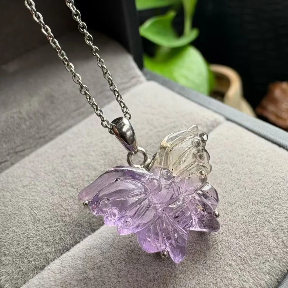 1PCS Natural Ametrine Butterfly Crystal Yoga Pendant Reiki Healing Fengshui Stretch Female Gift - Jewelry for Stress Relief S925