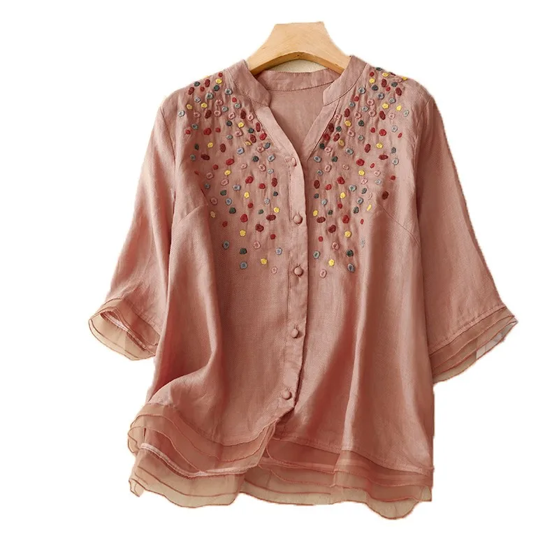 Blusa holgada con cuello en V para mujer, Camisa de gasa con bordado de flores, Estilo Vintage, P70, novedad de verano 2023