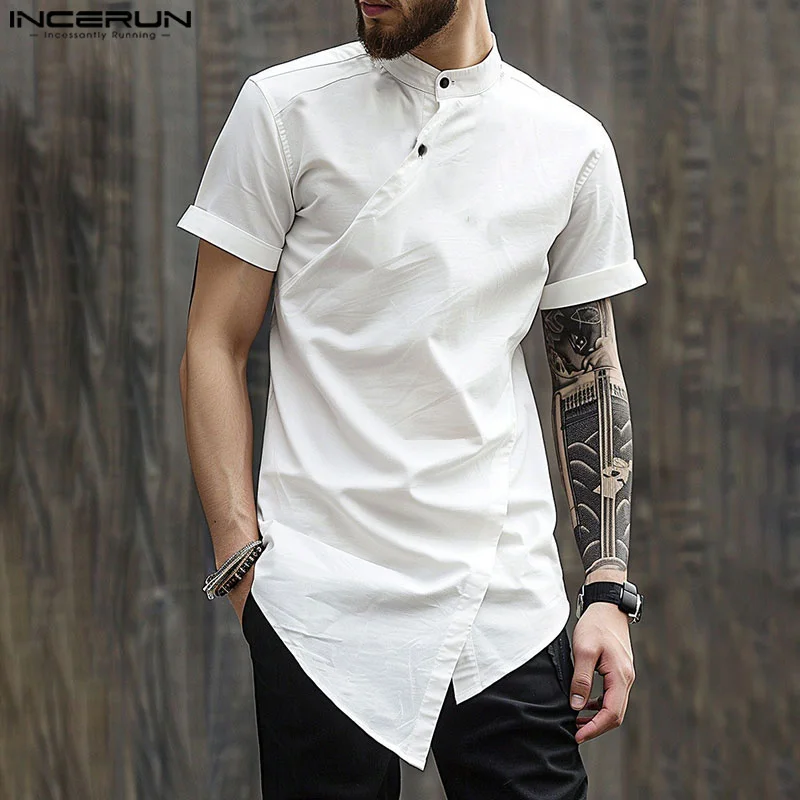 

INCERUN Tops 2024 American Style Men's Fashion Slanted Placket Irregular Hem Shirts Casual Stand Neck Short Sleeved Blouse S-5XL