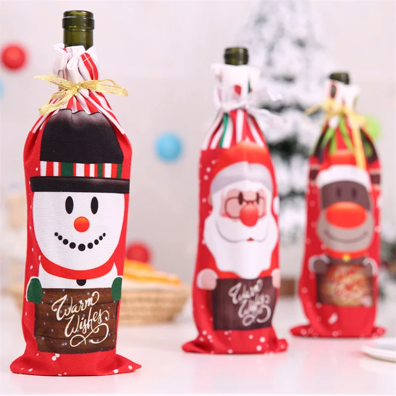 Kerst Wijnfles Hoezen Santa Claus Sneeuwpop Elanden Bedrukt Wijnfles Zak Champagne Fles Cover Kersttafel Decor Voor Thuis