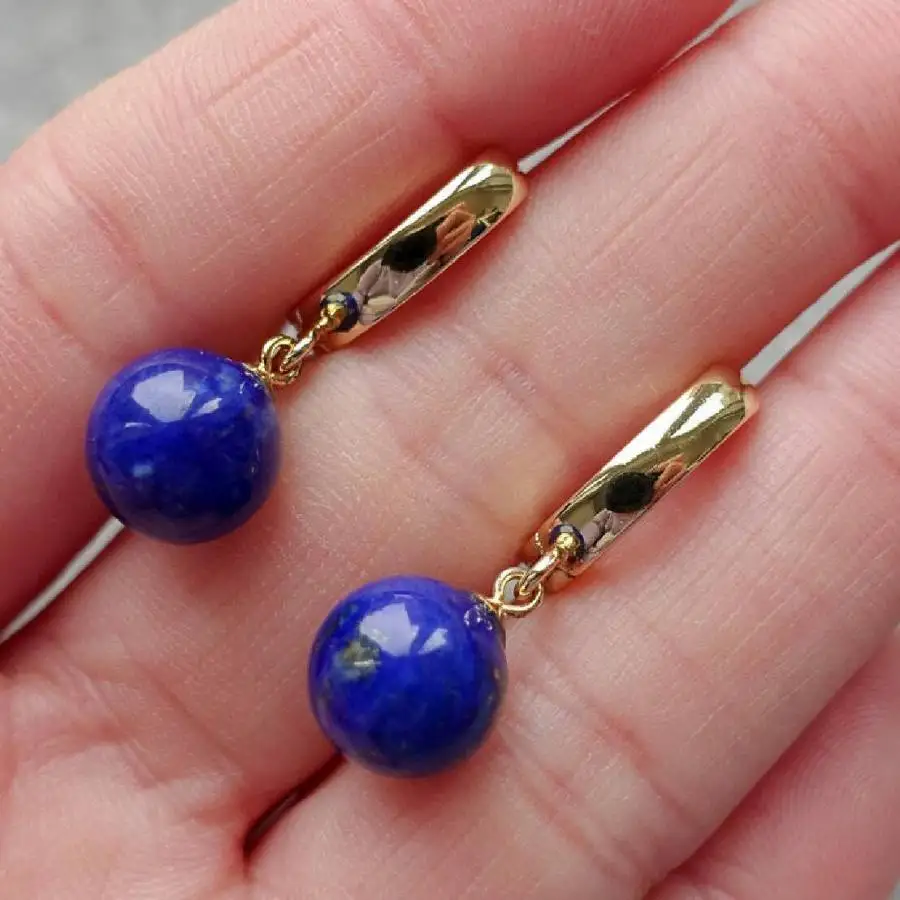Women Round Lapis Lazuli Dangle Leverback Earrings Gold U Shape Clasp Drop Earrings Vintage Boho Natural Stone Minimalist Daily