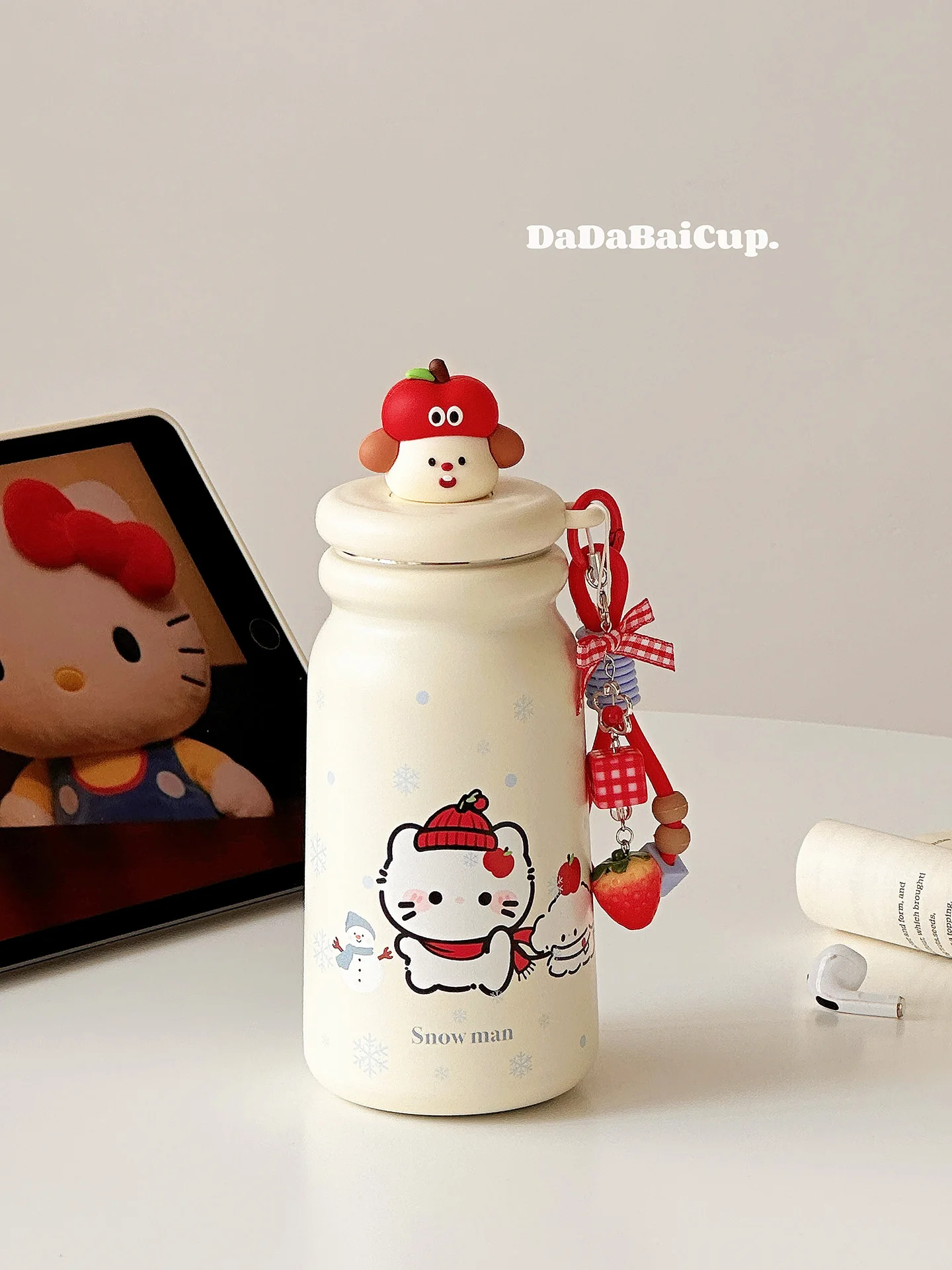 Adorable Botella de Agua Aislada con Diseño de Gato y Muñeco de Nieve, con Separación de Agua y Té, Portátil, de o Inoxid...