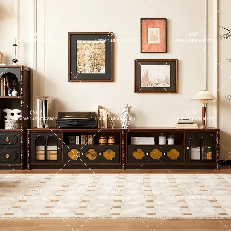 French Retro Solid Wood TV Cabinet with Fragrant Cloud Yarn Integrated Storage Living Room Home Retractable Floor Cabinet
