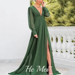 Elegant Women Gowns A Line Formal Split V-Neck Female Dress Lantern Sleeve Floor Length Mother Dresses Robes Invitée Mariage