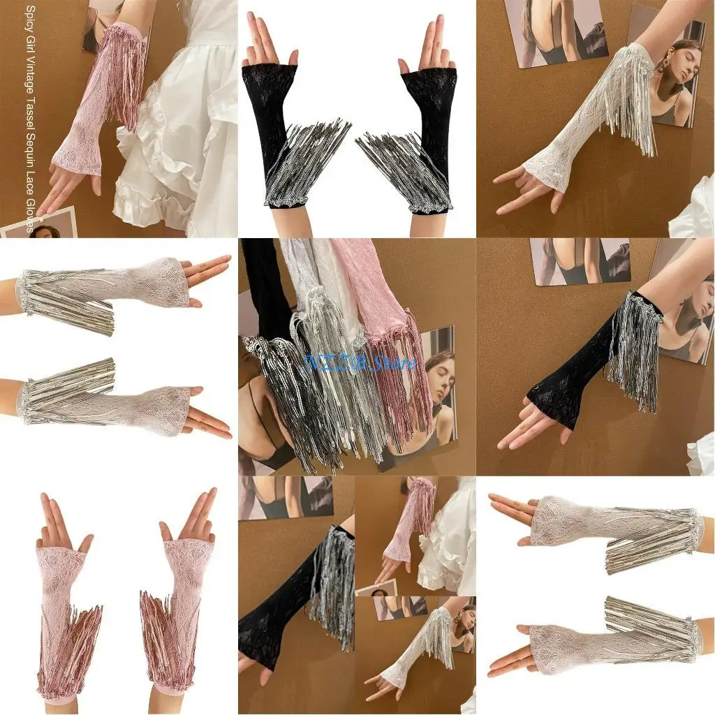

T21F Long Sleeves Fingerless Glove for Women Sequins Fringes Glove Elbow Length