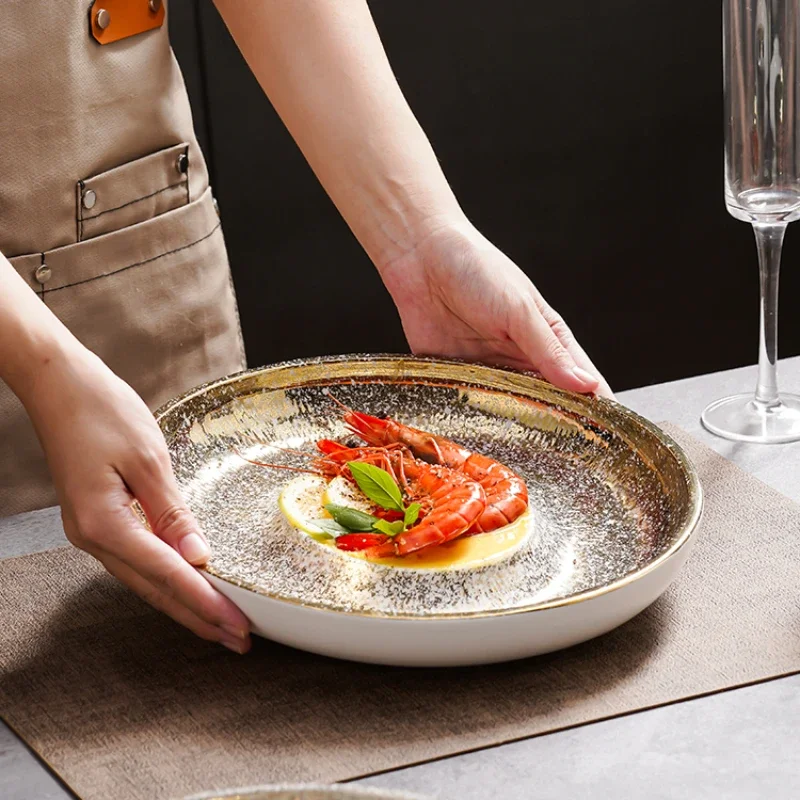 

Simple Style Golden Matte Western Food Plate Hotel Restaurant Steak Cooking Plate Stone Pattern Square Round Ceramic Plate