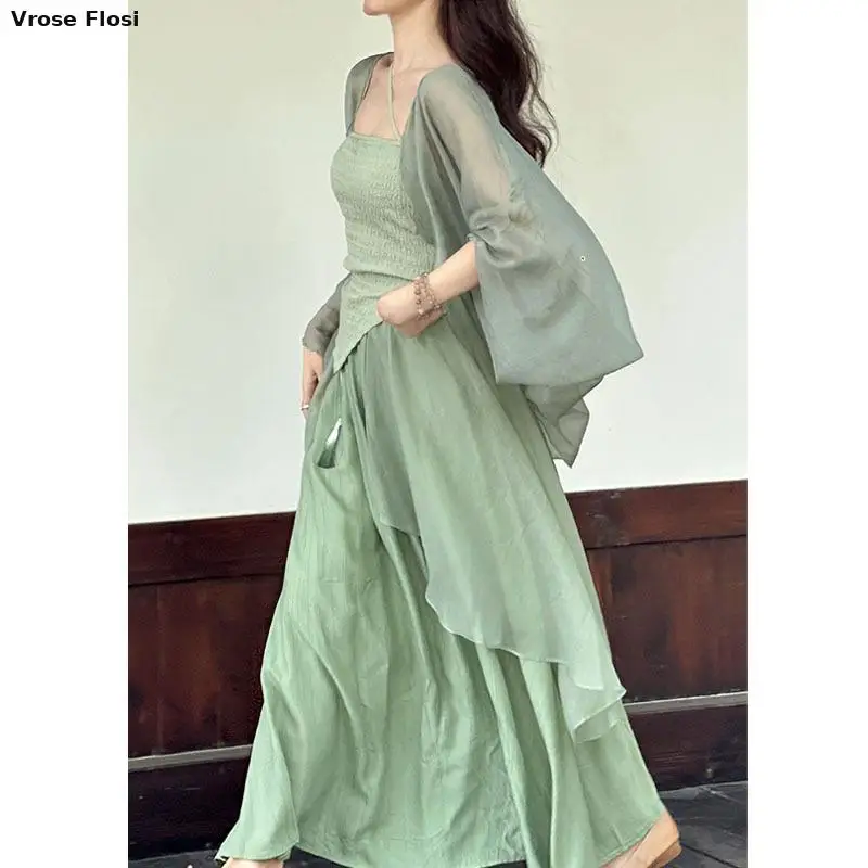 

2024 Blue Green Hanfu Suit Summer New Chinese Style Qipao Dresses Mesh Cardigan Strap Vestidos Women Slim Cheongsams Costumes