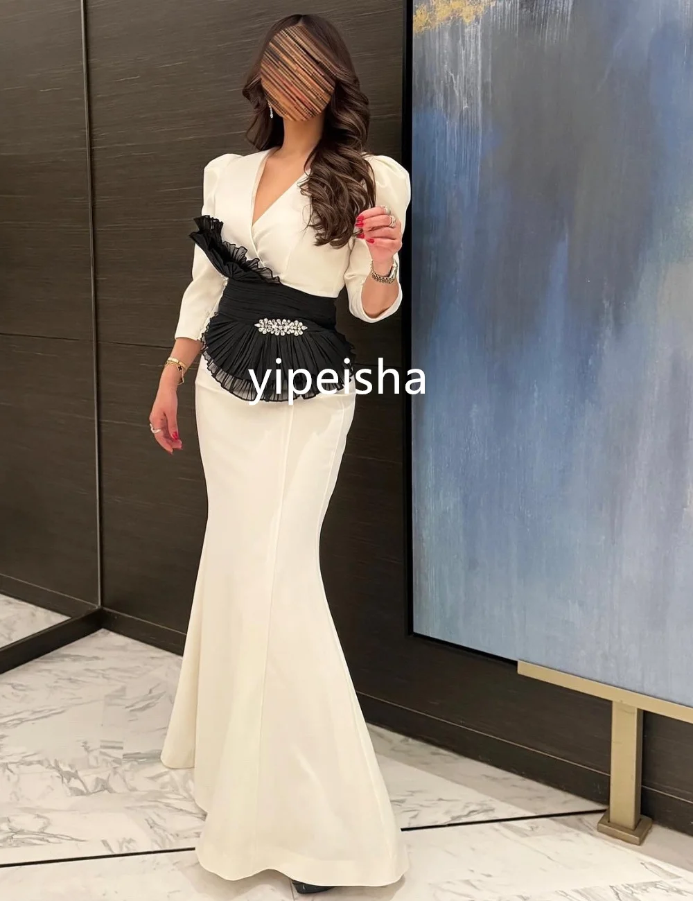 Customized Elegant Jersey Pleat Trumpet V-neck Long Dresses Evening  Classic Exquisite Modern Style Sexy Sparkle Sizes Available