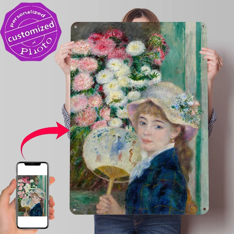 Young Woman With Fan and Flowers Metal Poster Customized Wall Art Retro Vintage Tinplate Signs for Home Decor Accessories Items