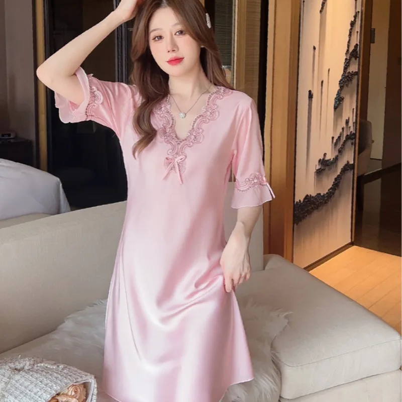 Пижамы женские летние шелковые тонкие ледяные шелковые с короткими рукавами кружевные сексуальные шелковые свободные пижамы большого размера летняя одежда для дома