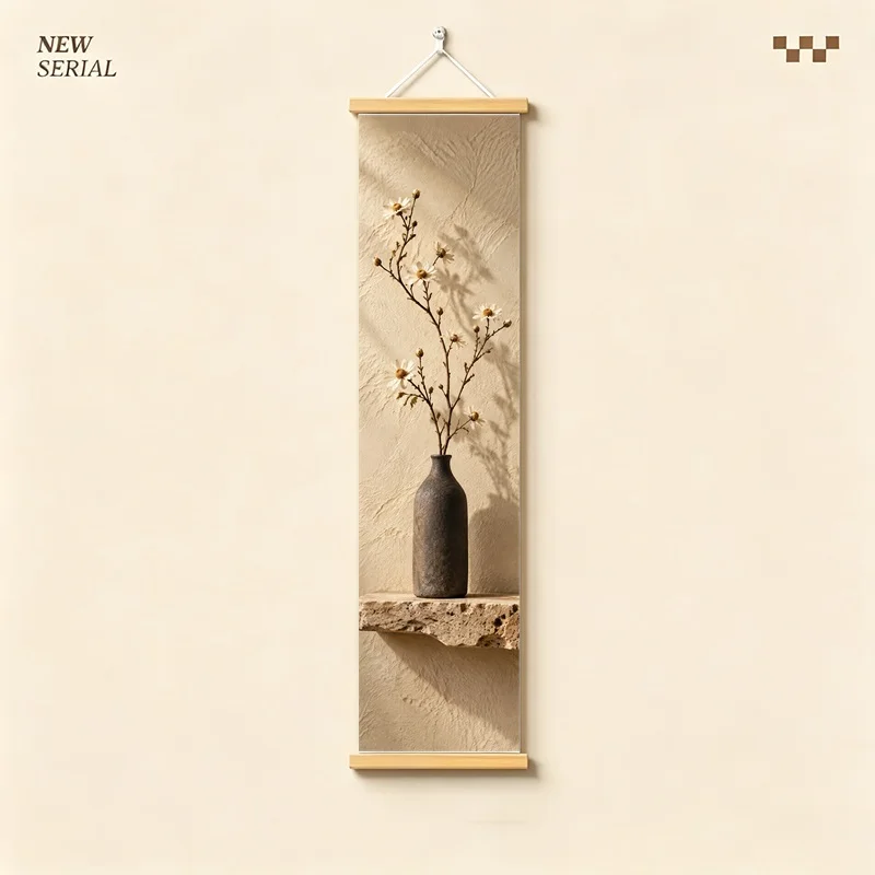 Wall Art Dried Feverfew and Dried Safflower, Wabi-Sabi Silver Shimmer Canvas Hanging Scroll for Zen Sanctuary Home Decor