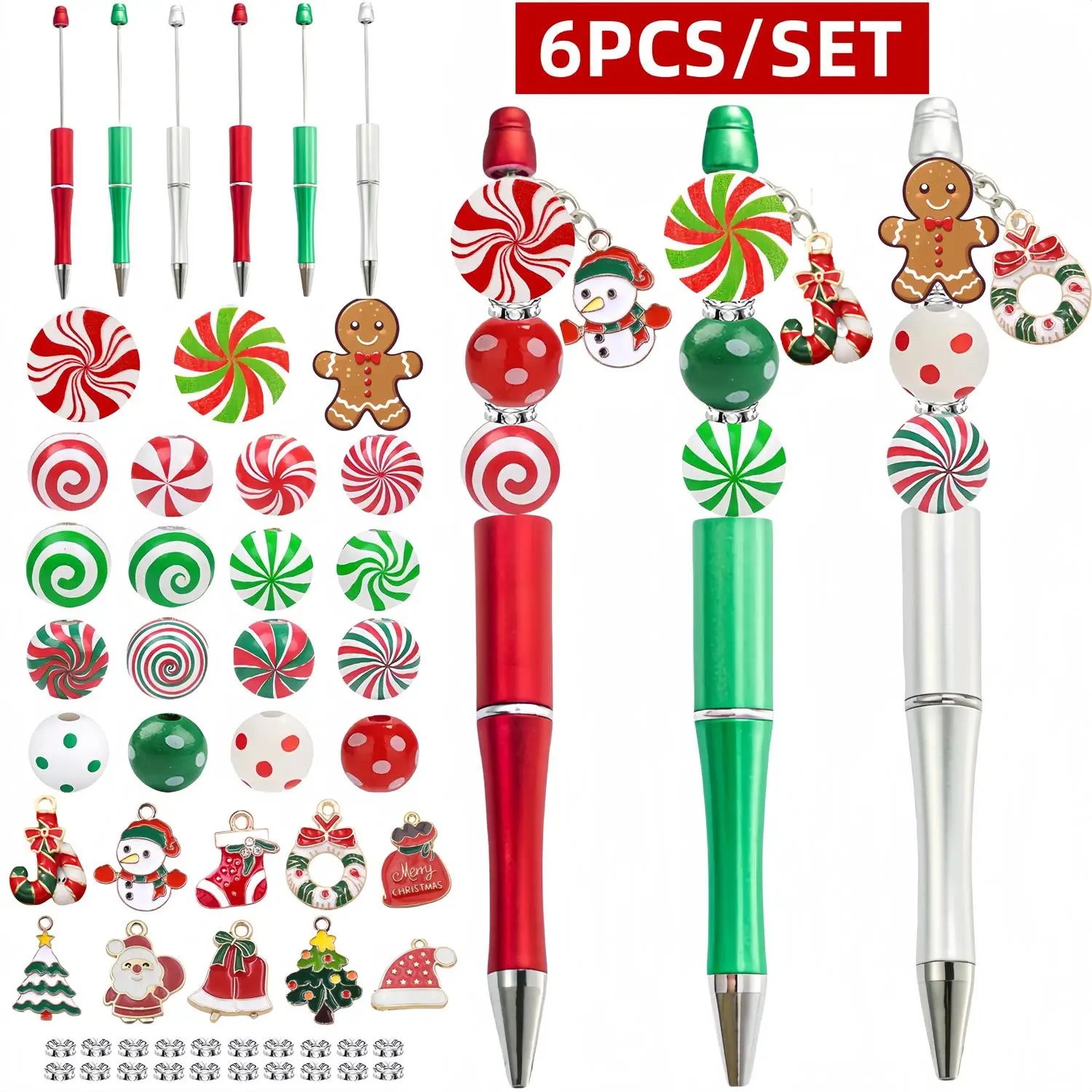6 Stück/Set Weihnachts-DIY-Perlenstifte, Weihnachtsbonbon-Holzperlen-DIY-Kugelschreiber, Lern- und Bürobedarf