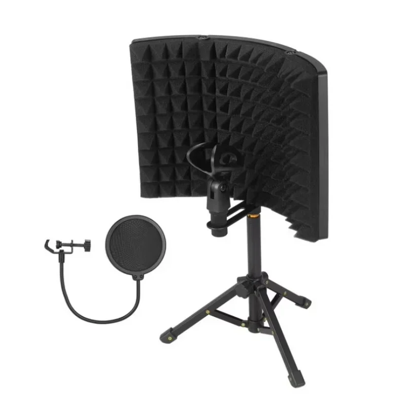 3 Panel Foldable Microphone Sound Insulation Cover Mini Windscreen Board with Tripod Pop Filter Mic Stand for Recording Studio